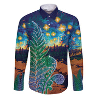 Personalised New Zealand Matariki Art Star Family Matching Off The Shoulder Long Sleeve Dress and Hawaiian Shirt Koru Fern Night Starry Sky LT9 Dad's Shirt - Long Sleeve Black - Polynesian Pride