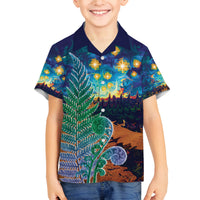 Personalised New Zealand Matariki Art Star Family Matching Off The Shoulder Long Sleeve Dress and Hawaiian Shirt Koru Fern Night Starry Sky LT9 Son's Shirt Black - Polynesian Pride
