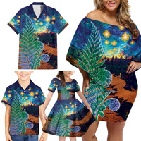 Personalised New Zealand Matariki Art Star Family Matching Off Shoulder Short Dress and Hawaiian Shirt Koru Fern Night Starry Sky