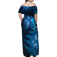 New Zealand Matariki Family Matching Off Shoulder Maxi Dress and Hawaiian Shirt Blue Milky Way Stars Night Sky
