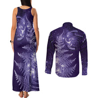 New Zealand Matariki Couples Matching Tank Maxi Dress and Long Sleeve Button Shirt Purple Milky Way Stars Night Sky