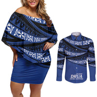 Fiji Rugby Pacific Custom Couples Matching Off Shoulder Short Dress and Long Sleeve Button Shirt Pasifika Tapa Pattern