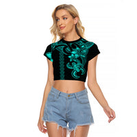 Hawaiian Tribal Raglan Cropped T Shirt Polynesian Kakau Turtle - Aqua LT9 Female Aqua - Polynesian Pride