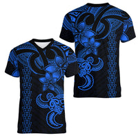 Hawaiian Tribal Women V Neck T Shirt Polynesian Kakau Turtle - Blue LT9 - Polynesian Pride