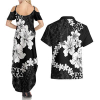 American Samoa Lotu Tamaiti Couples Matching Summer Maxi Dress and Hawaiian Shirt White Sunday Plumeria Black Vibe