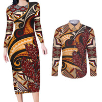 Vintage Samoa Siapo Couples Matching Long Sleeve Bodycon Dress and Long Sleeve Button Shirt With Teuila Torch Ginger LT9 Art - Polynesian Pride