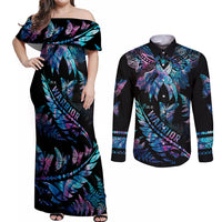 Polynesia Ribbon Butterflies Couples Matching Off Shoulder Maxi Dress and Long Sleeve Button Shirts Silver Fern Breast Cancer With Papua Shell Pattern LT9 Black - Polynesian Pride