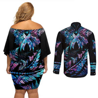 Polynesia Ribbon Butterflies Couples Matching Off Shoulder Short Dress and Long Sleeve Button Shirts Silver Fern Breast Cancer With Papua Shell Pattern LT9 - Polynesian Pride