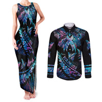Polynesia Ribbon Butterflies Couples Matching Tank Maxi Dress and Long Sleeve Button Shirts Silver Fern Breast Cancer With Papua Shell Pattern LT9 Black - Polynesian Pride