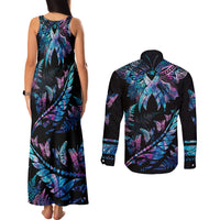Polynesia Ribbon Butterflies Couples Matching Tank Maxi Dress and Long Sleeve Button Shirts Silver Fern Breast Cancer With Papua Shell Pattern LT9 - Polynesian Pride
