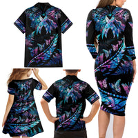 polynesia-ribbon-butterflies-family-matching-long-sleeve-bodycon-dress-and-hawaiian-shirt-silver-fern-breast-cancer-with-papua-shell-pattern
