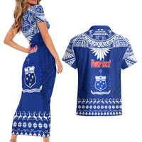Personalised Toa Samoa Christmas Couples Matching Short Sleeve Bodycon Dress and Hawaiian Shirt Samoa Siva Tau Manuia Le Kerisimasi Blue Vibe LT9 - Polynesian Pride