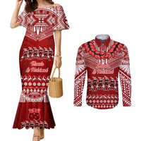 Toa Samoa Christmas Couples Matching Mermaid Dress and Long Sleeve Button Shirt Samoa Siva Tau Manuia Le Kerisimasi Red Vibe LT9 Red - Polynesian Pride