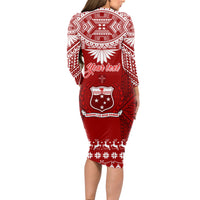 Personalised Toa Samoa Christmas Long Sleeve Bodycon Dress Samoa Siva Tau Manuia Le Kerisimasi Red Vibe LT9 - Polynesian Pride