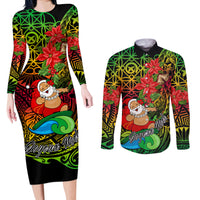 Personalised Vanuatu Joyeux Noel Couples Matching Long Sleeve Bodycon Dress and Long Sleeve Button Shirt Christmas Santas God Yumi LT9 Reggae - Polynesian Pride
