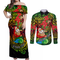 Personalised Vanuatu Joyeux Noel Couples Matching Off Shoulder Maxi Dress and Long Sleeve Button Shirt Christmas Santas God Yumi LT9 Reggae - Polynesian Pride