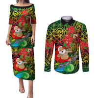 Personalised Vanuatu Joyeux Noel Couples Matching Puletasi Dress and Long Sleeve Button Shirt Christmas Santas God Yumi LT9 Reggae - Polynesian Pride