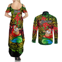 Personalised Vanuatu Joyeux Noel Couples Matching Summer Maxi Dress and Long Sleeve Button Shirt Christmas Santas God Yumi LT9 - Polynesian Pride