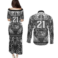 Custom New Zealand Taiaha Maori Couples Matching Puletasi and Long Sleeve Button Shirt Kiwikiwi Minimalist Silver Fern Tukutuku Motif