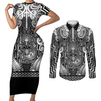 Custom New Zealand Taiaha Maori Couples Matching Short Sleeve Bodycon Dress and Long Sleeve Button Shirt Kiwikiwi Minimalist Silver Fern Tukutuku Motif