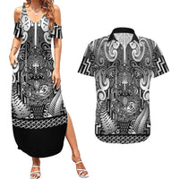Custom New Zealand Taiaha Maori Couples Matching Summer Maxi Dress and Hawaiian Shirt Kiwikiwi Minimalist Silver Fern Tukutuku Motif