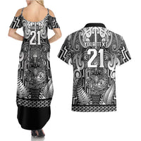 Custom New Zealand Taiaha Maori Couples Matching Summer Maxi Dress and Hawaiian Shirt Kiwikiwi Minimalist Silver Fern Tukutuku Motif