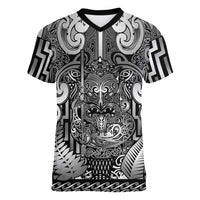 Custom New Zealand Taiaha Maori Women V-Neck T-Shirt Kiwikiwi Minimalist Silver Fern Tukutuku Motif