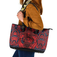 New Zealand Taiaha Maori Leather Tote Bag Whero Minimalist Silver Fern Tukutuku Motif