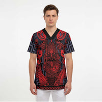 Custom New Zealand Taiaha Maori Scrub Top Whero Minimalist Silver Fern Tukutuku Motif