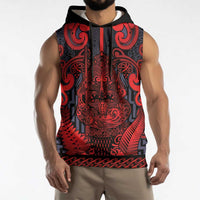 Custom New Zealand Taiaha Maori Sleeveless Hoodie Whero Minimalist Silver Fern Tukutuku Motif