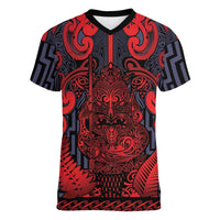 Custom New Zealand Taiaha Maori Women V-Neck T-Shirt Whero Minimalist Silver Fern Tukutuku Motif