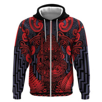 Custom New Zealand Taiaha Maori Zip Hoodie Whero Minimalist Silver Fern Tukutuku Motif