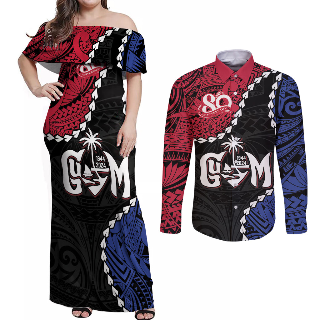 Personalized Guam 80th Anniversary Liberation Day Couples Matching Off Shoulder Maxi Dress and Long Sleeve Button Shirt Tano I Man Chamoru Since 1944