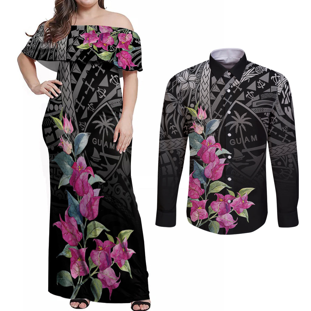 Guahan Puti Tai Nobiu Couples Matching Off Shoulder Maxi Dress and Long Sleeve Button Shirt Guam Bougainvillea Flower Art