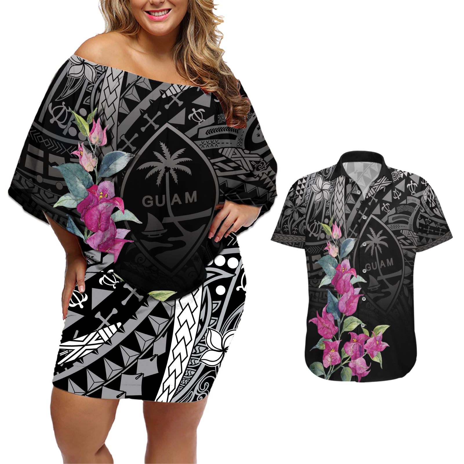 Guahan Puti Tai Nobiu Couples Matching Off Shoulder Short Dress and Hawaiian Shirt Guam Bougainvillea Flower Art