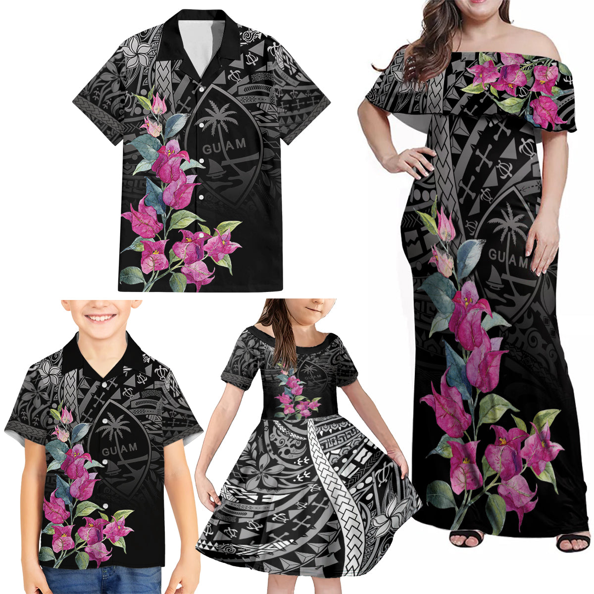 Guahan Puti Tai Nobiu Family Matching Off Shoulder Maxi Dress and Hawaiian Shirt Guam Bougainvillea Flower Art