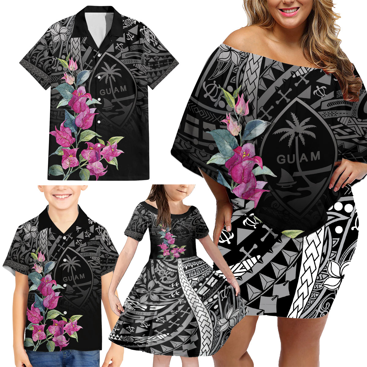 Guahan Puti Tai Nobiu Family Matching Off Shoulder Short Dress and Hawaiian Shirt Guam Bougainvillea Flower Art