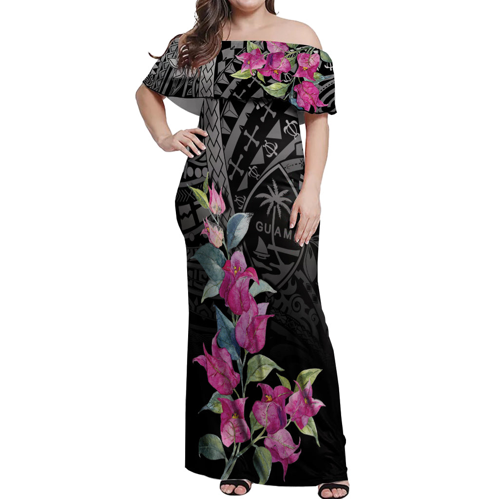 Guahan Puti Tai Nobiu Off Shoulder Maxi Dress Guam Bougainvillea Flower Art