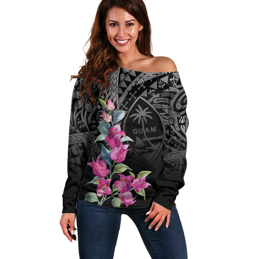 Guahan Puti Tai Nobiu Off Shoulder Sweater Guam Bougainvillea Flower Art