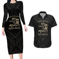Personalized Haiti First Black Republic Couples Matching Long Sleeve Bodycon Dress and Hawaiian Shirt Negre Marron With Map And Flag