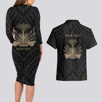 Personalized Haiti First Black Republic Couples Matching Long Sleeve Bodycon Dress and Hawaiian Shirt Negre Marron With Map And Flag