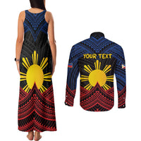 Personalized Philippines Couples Matching Tank Maxi Dress and Long Sleeve Button Shirt Polynesian Tribal Tattoo with Filipino Flag Motif