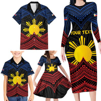 Personalized Philippines Family Matching Long Sleeve Bodycon Dress and Hawaiian Shirt Polynesian Tribal Tattoo with Filipino Flag Motif