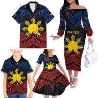 Personalized Philippines Family Matching Off The Shoulder Long Sleeve Dress and Hawaiian Shirt Polynesian Tribal Tattoo with Filipino Flag Motif