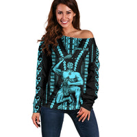 Personalised Aotearoa Father's Day Gift For Dad Off Shoulder Sweater Aroha Ahau Ki A Koe Papa - Aqua Maori Style Pattern LT9 Women Aqua - Polynesian Pride