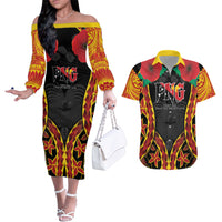 Personalised Papua New Guinea Remembrance Day Couples Matching Off The Shoulder Long Sleeve Dress and Hawaiian Shirt