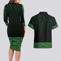 New Zealand Maori Kowhaiwhai Couples Matching Long Sleeve Bodycon Dress and Hawaiian Shirt Kakariki Maui and Mangopare