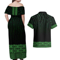New Zealand Maori Kowhaiwhai Couples Matching Off Shoulder Maxi Dress and Hawaiian Shirt Kakariki Maui and Mangopare