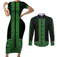 New Zealand Maori Kowhaiwhai Couples Matching Short Sleeve Bodycon Dress and Long Sleeve Button Shirt Kakariki Maui and Mangopare