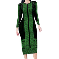 New Zealand Maori Kowhaiwhai Long Sleeve Bodycon Dress Kakariki Maui and Mangopare
